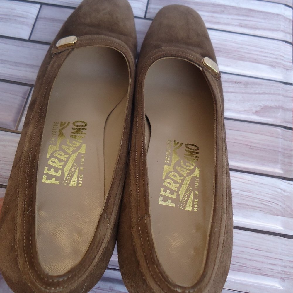 SIZE 6.5 B. Salvatore Ferragamo brown suede leather slip on heels. - Picture 13 of 16